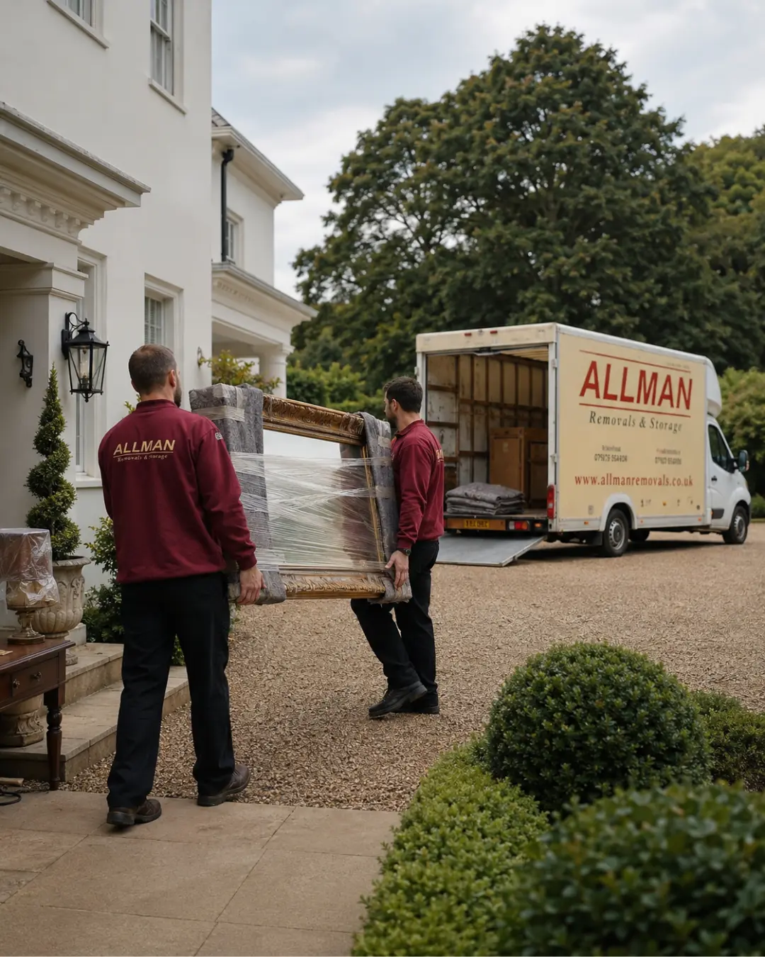 Allman team carefully carrying a wrapped antique framed picture outside a Chichester home