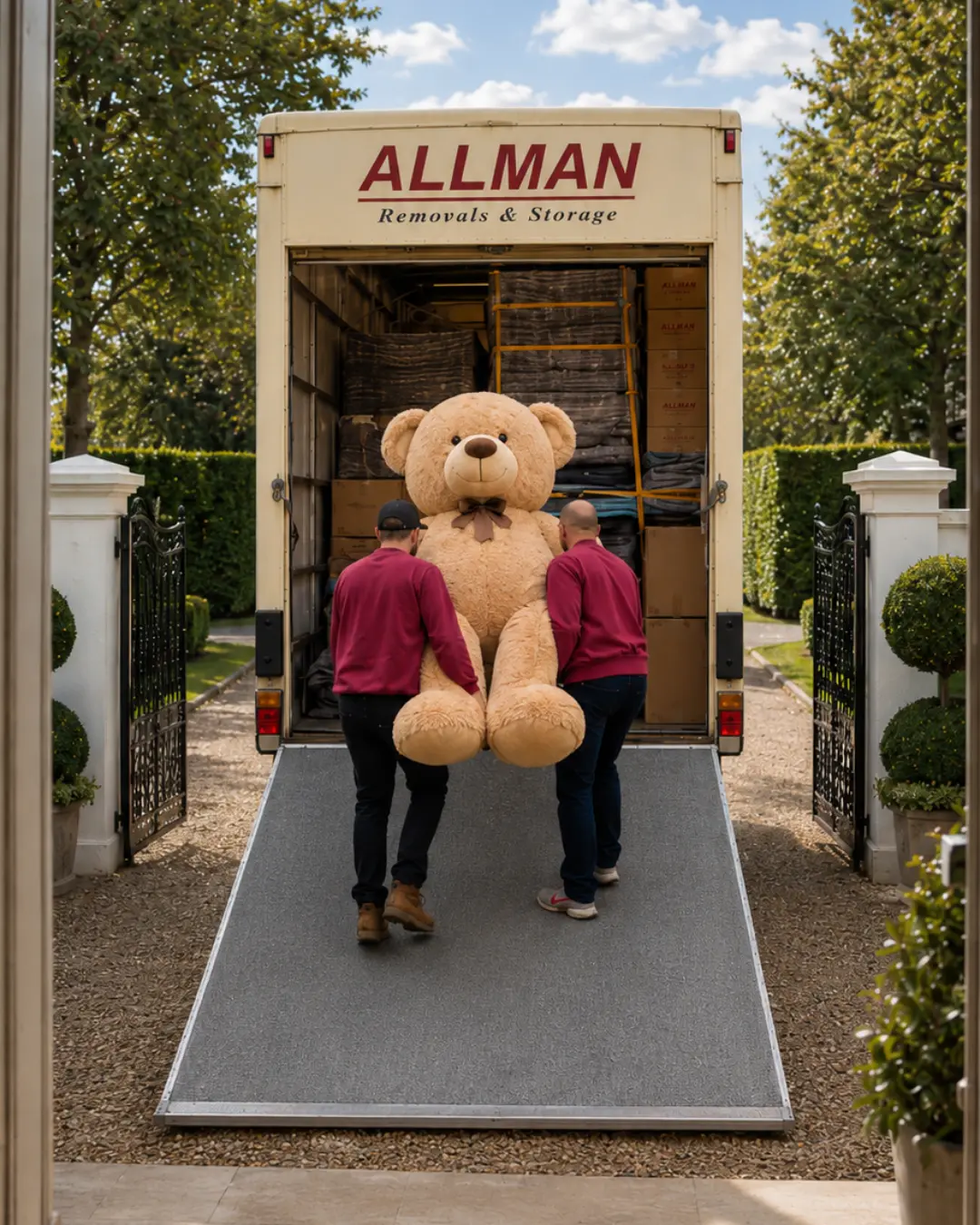 Allman team carrying a large teddy bear from a fully loaded removal lorry